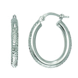 14K White Gold Oval Diamond Cut Hoop Earring