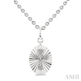 1/10 Ctw Oval Fluted Medallion Single Cut Diamond Cross Pendant With Chain in Sterling Silver