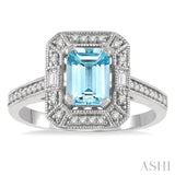 1/5 Ctw Emerald Shape 7x5MM Aquamarine, Baguette and Round Cut Diamond Precious Ring in 14K White Gold
