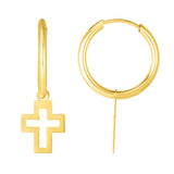 14K Yellow Gold Polished Cross Dangle Light Weight Hoop