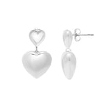Sterling Silver Polished Puffed Double Heart Drop Earrings with Push Back Clasp. Items has rhodium plating.