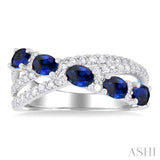 4X3 MM Oval Cut Sapphire and 1/2 Ctw Single Cut Diamond Split Criss Cross Precious Ring in 14K White Gold