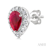 5x3 MM Pear Shape Ruby and 1/8 Ctw Single Cut Diamond Halo Precious Stud Earrings in 14K White Gold