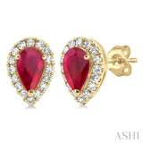 5x3 MM Pear Shape Ruby and 1/8 Ctw Single Cut Diamond Halo Precious Stud Earrings in 10K Yellow Gold