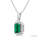 5x3 MM Octagonal Shape Emerald and 1/20 Ctw Round Cut Diamond Halo Precious Pendant with Chain in 10K White Gold