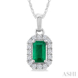 5x3 MM Octagonal Shape Emerald and 1/20 Ctw Round Cut Diamond Halo Precious Pendant with Chain in 10K White Gold