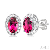5x3 MM Oval Shape Pink Tourmaline and 1/8 Ctw Single Cut Diamond Halo Semi-Precious Stud Earrings in 10K White Gold