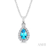 5x3 MM Pear Shape Blue Topaz and 1/20 Ctw Round Cut Diamond Halo Semi-Precious Pendant with Chain in 10K White Gold
