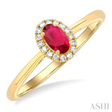 5x3 MM Oval Shape Ruby and 1/20 Ctw Single Cut Diamond Halo Precious Ring in 14K Yellow Gold