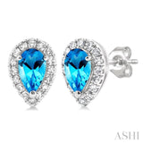 5x3 MM Pear Shape Blue Topaz and 1/8 Ctw Single Cut Diamond Halo Semi-Precious Stud Earrings in 14K White Gold