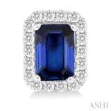 6x4 MM Octagonal Shape Sapphire and 1/4 Ctw Round Cut Diamond Halo Precious Stud Earrings in 14K White Gold