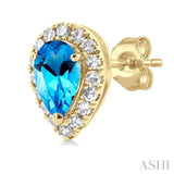 5x3 MM Pear Shape Blue Topaz and 1/8 Ctw Single Cut Diamond Halo Semi-Precious Stud Earrings in 14K Yellow Gold