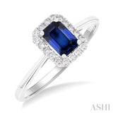 6x4 MM Octagonal Shape Sapphire and 1/6 Ctw Round Cut Diamond Halo Precious Ring in 10K White Gold