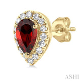 5x3 MM Pear Shape Garnet and 1/8 Ctw Single Cut Diamond Halo Semi-Precious Stud Earrings in 14K Yellow Gold