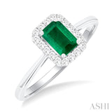 6x4 MM Octagonal Shape Emerald and 1/6 Ctw Round Cut Diamond Halo Precious Ring in 14K White Gold