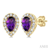 5x3 MM Pear Shape Amethyst and 1/8 Ctw Single Cut Diamond Halo Semi-Precious Stud Earrings in 14K Yellow Gold