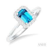 6x4 MM Octagonal Shape Blue Topaz and 1/6 Ctw Round Cut Diamond Halo Semi-Precious Ring in 10K White Gold