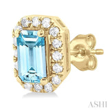 5x3 MM Octagonal Shape Aquamarine and 1/8 Ctw Single Cut Diamond Halo Semi-Precious Stud Earrings in 10K Yellow Gold