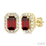 5x3 MM Octagonal Shape Garnet and 1/8 Ctw Single Cut Diamond Halo Semi-Precious Stud Earrings in 14K Yellow Gold