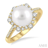 8 MM Cultured Pearl and 1/3 Ctw Hexagon Shape Round Cut Diamond Ring in 14K Yellow Gold