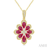 1/6 Ctw Floral Motif 5X3MM & 4X3MM Pear Cut Ruby and Round Cut Diamond Precious Pendant With Chain in 10K Yellow Gold