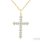 1/3 Ctw Floral Cross Fusion Baguette and Round Cut Diamond Fashion Pendant With Chain in 14K Yellow Gold