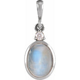 14K White Gold 5x3 mm Natural Rainbow Moonstone & .02 CT Natural Diamond Cabochon Pendant