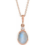 14K Rose Gold 9x7 mm Natural Rainbow Moonstone & .03 CT Natural Diamond 16-18