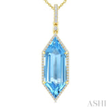 22X8 MM Evoque Gemstones Hexagon Shape Blue Topaz and 1/4 Ctw Round Cut Diamond Semi-Precious Pendant With Chain in 14K Yellow Gold