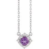 14K White Gold Natural Amethyst & .04 CTW Natural Diamond Halo-Style 18" Necklace