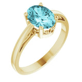 14K Yellow Gold Natural Blue Zircon Solitaire Scroll Setting® Ring