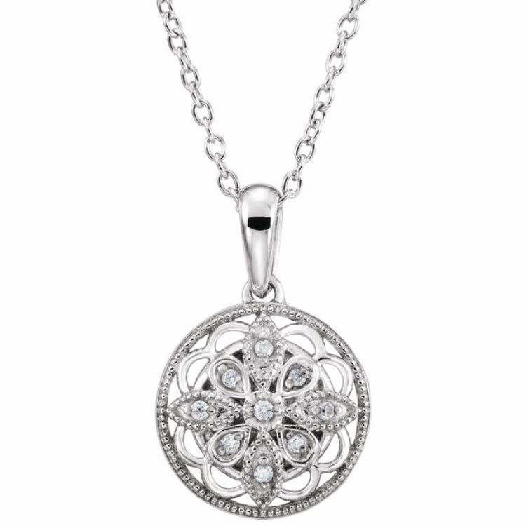 Sterling Silver .05 CTW Diamond Granulated Filigree Pendant 18 Sterling Silver .05 CTW Diamond Granulated Filigree Pendant 18