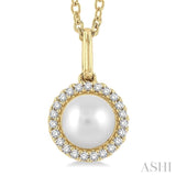 6 MM Round Shape Cultured Pearl and 1/20 Ctw Petite Round Cut Diamond Halo Fashion Pendant With Chain in 10K Yellow Gold
