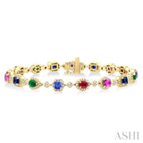 4X3 MM & 4 MM Mixed Shape Gemstone Rainbow and 1 Ctw Round Cut Diamond Halo Precious Tennis Bracelet in 14K Yellow Gold