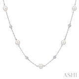 5 MM Round Shape Cultured Pearl and 1/4 Ctw Round Cut Diamond Station Necklace in 14K White Gold