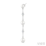 4 MM, 5 MM & 6 MM Round Shape Cultured Pearls and 1/10 Ctw Round Cut Diamond Station Long Earring in 14K White Gold