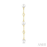1/20 Ctw Cultured Pearls 4MM and Round Cut Diamond Station Long Earring in 14K Yellow Gold