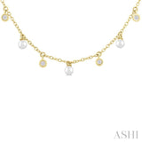 3 MM Round Shape Cultured Pearl and 1/6 Ctw Round Cut Diamond Station Necklace in 14K Yellow Gold