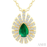 1/3 Ctw Starburst 6X4MM Pear Cut Emerald and Round Cut Diamond Precious Pendant With Chain in 14K Yellow Gold