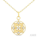 1/4 Ctw Floral Medallion Circle Round Cut Diamond Fashion Pendant With Paperclip Chain in 14K Yellow Gold