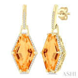 16x10 MM Hexagon Shape Citrine and 1/4 Ctw Round Cut Diamond Halo Semi-Precious Earrings in 14K Yellow Gold