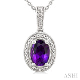 7X5 MM Oval Shape Amethyst and 1/50 Ctw Single Cut Diamond Semi-precious Pendant With Chain in Sterling Silver