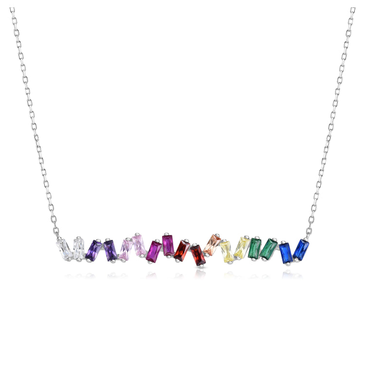 Silver Rainbow Cz Scattered Baguette Long Bar Necklace