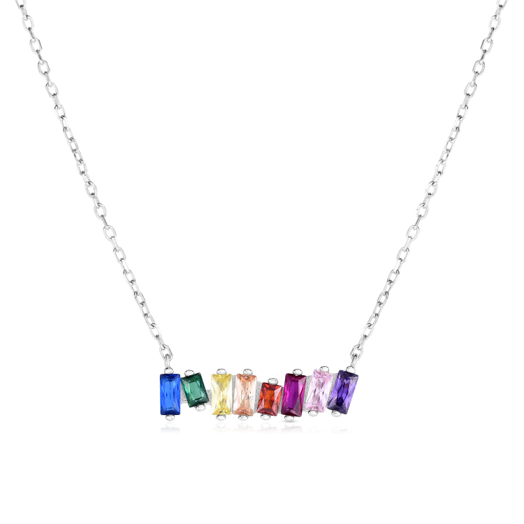 Silver Rainbow Cz Scattered Baguette Short Bar Necklace